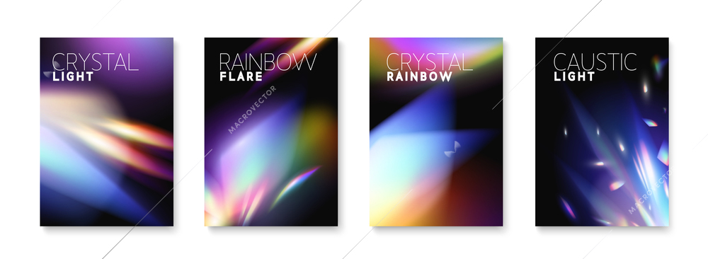 Realistic crystal rainbow effects set of four vertical posters with abstract lights particles and editable text vector illustration