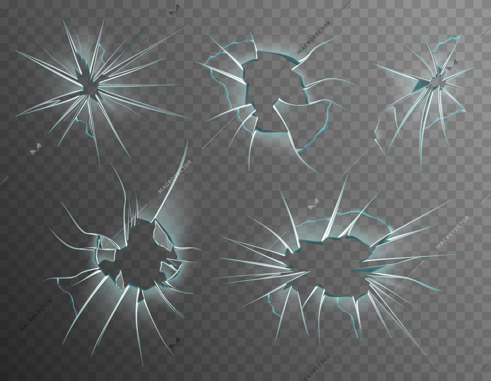 Realistic broken glass icon set with shards images in holes of different size on transparent background vector illustration