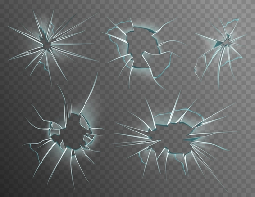 Realistic broken glass icon set with shards images in holes of different size on transparent background vector illustration