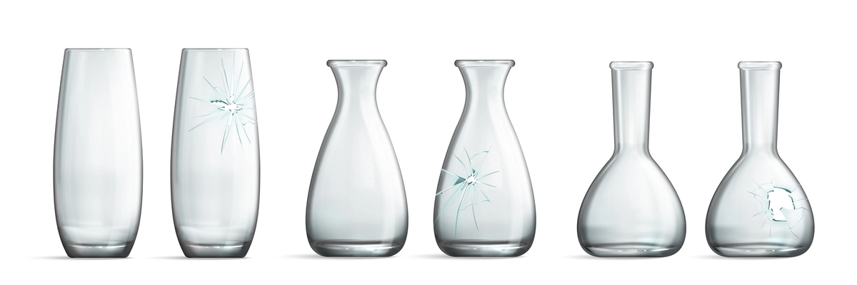 Realistic broken glass vase set with isolated front view images of intact and damaged transparent jars vector illustration