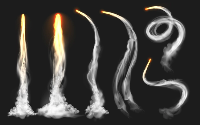 Realistic rocket trail fire smoke set with grey smoking traces and burning fire on dark background vector illustration