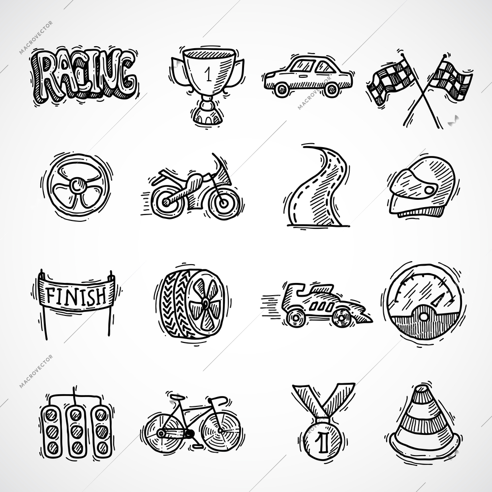 Racing auto competition sketch decorative icon set with bolide trophy finish isolated vector illustration