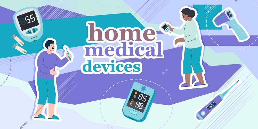 Home medical devices flat composition with collage of editable text glucose heart rate meters and thermometers vector illustration