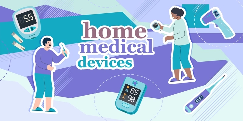 Home medical devices flat composition with collage of editable text glucose heart rate meters and thermometers vector illustration