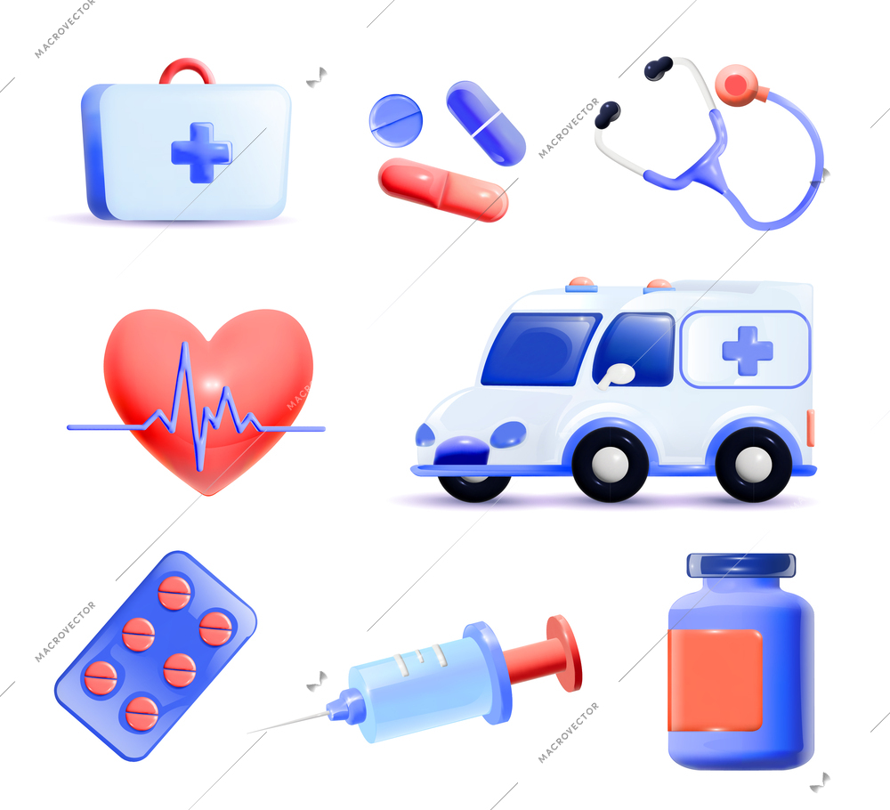 3d cartoon medicine color set of isolated icons with heart pills syringe stethoscope and ambulance van vector illustration