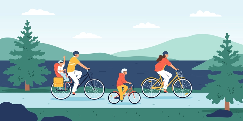 Family outing flat background with mother father and children riding bicycles on nature vector illustration