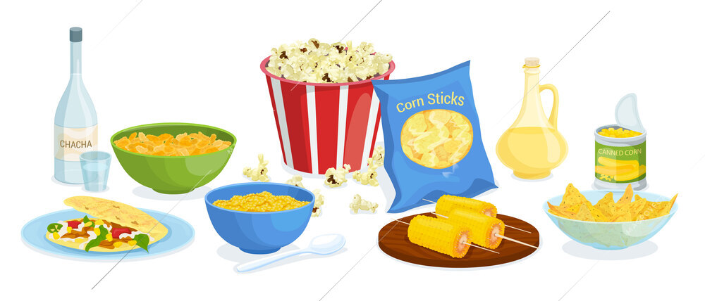 Corn products flat set of packing sticks jug of oil canned corn popcorn for takeaway boiled whole corn cobs vector illustration