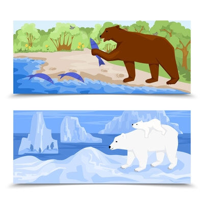 Two watercolour isolated horizontal banners with grizzly and polar bear in typical living environment flat vector illustration