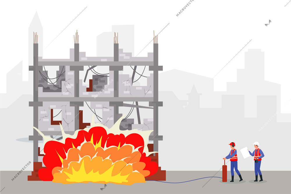 Conflagration flat composition with firefighters extinguishing fire in unfinished city building vector illustration