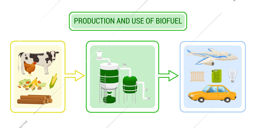 Production and use of biofuel infographics scheme with raw material equipment and transport elements flat vector illustration