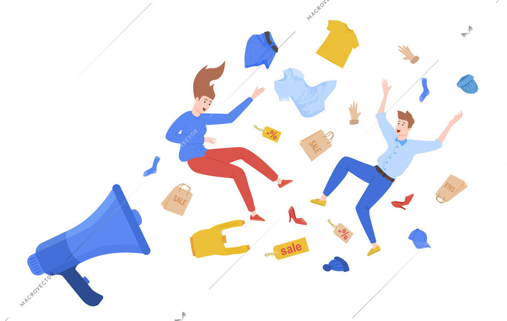 Big sale holiday flat design concept with megaphone icon and whirlwind of things and people vector illustration