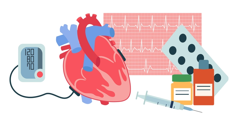 Heart attack symptoms composition of flat icons with anatomic image of heart rate scanner and medicine  vector illustration