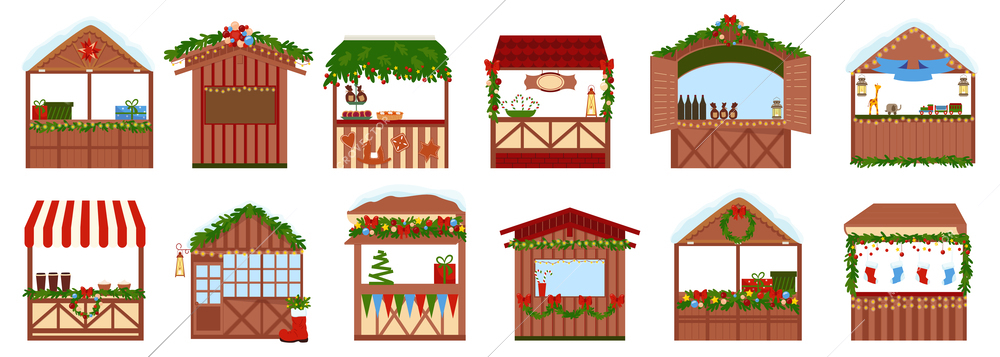 Christmas fair set of flat front view icons of wooden stalls with decorations on blank background vector illustration