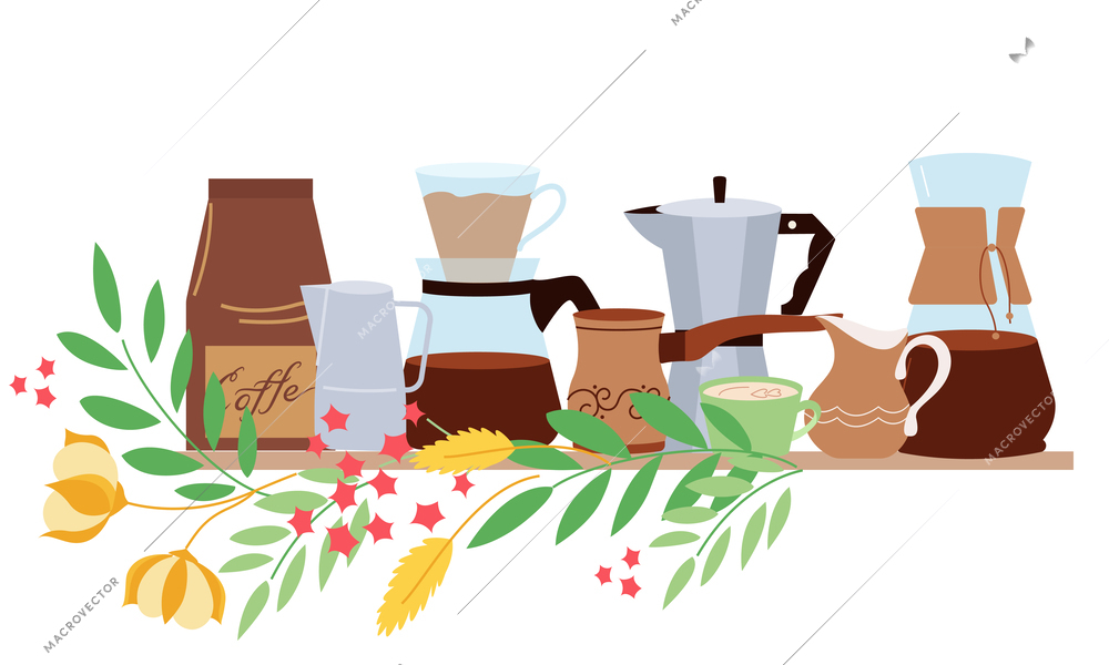 Coffee people flat composition with front view of wooden shelf with many various kinds of pots vector illustration