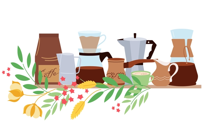 Coffee people flat composition with front view of wooden shelf with many various kinds of pots vector illustration