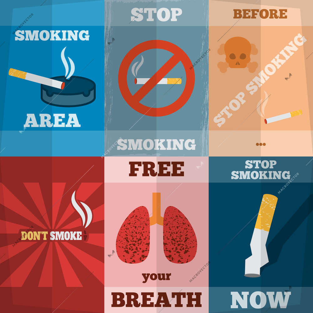 Stop smoking unhealthy habit flyers mini poster set isolated vector illustration