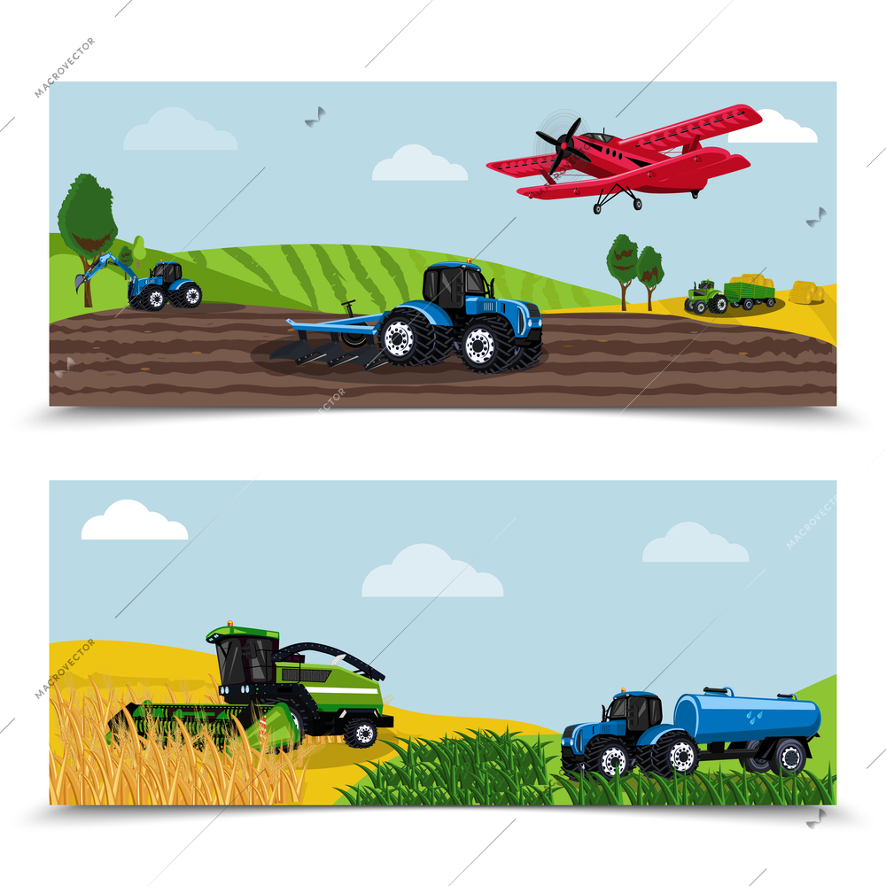 Agricultural machines transport flat set of two horizontal compositions with outdoor landscapes views of field works vector illustration