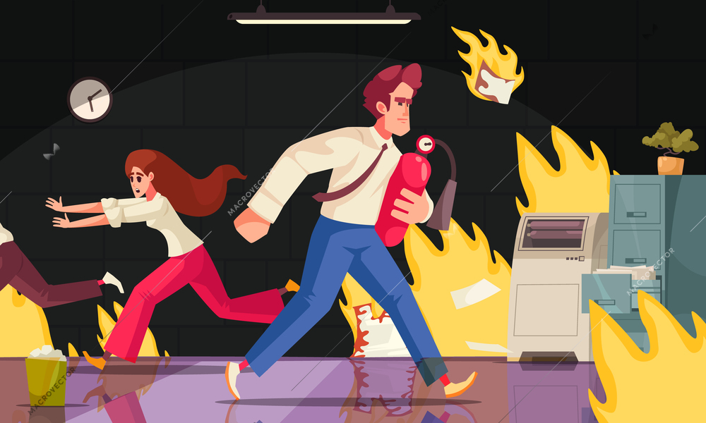 Evacuation cartoon poster with office workers escaping fire vector illustration