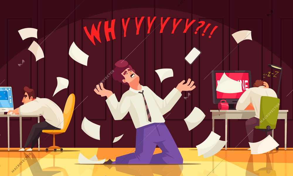 Office stress cartoon concept with burnout office employee vector illustration