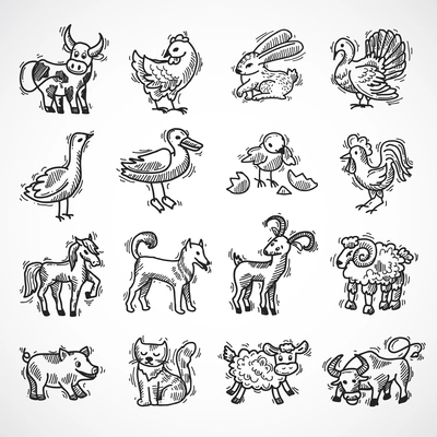 Farm animals sketch set with hog donkey cow goat isolated vector illustration