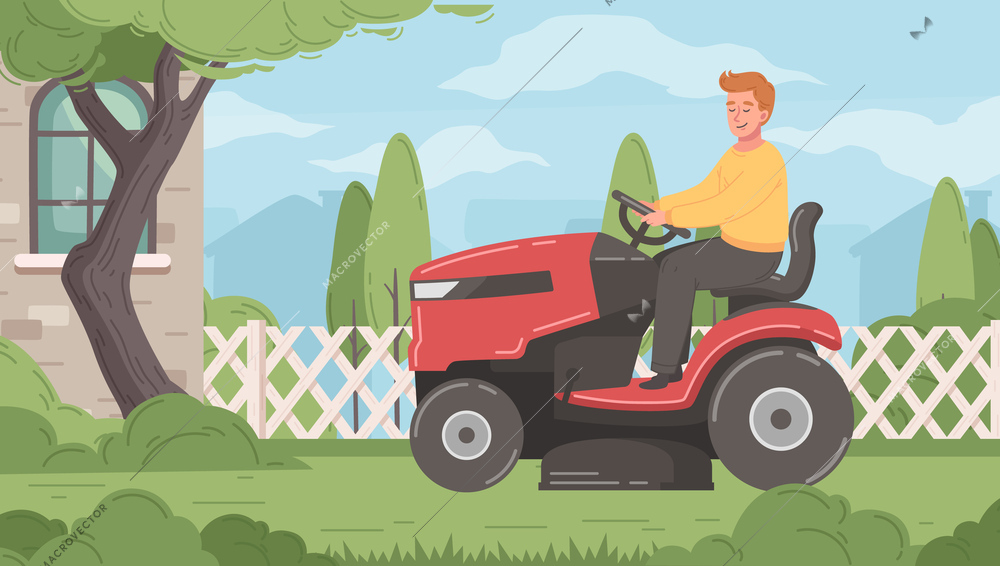 Lawn mower cartoon with male riding grass cutting machine vector illustration