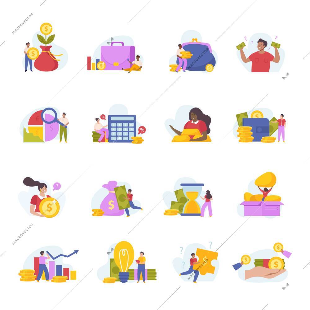Financial diversification icons set with money symbols flat isolated vector illustration