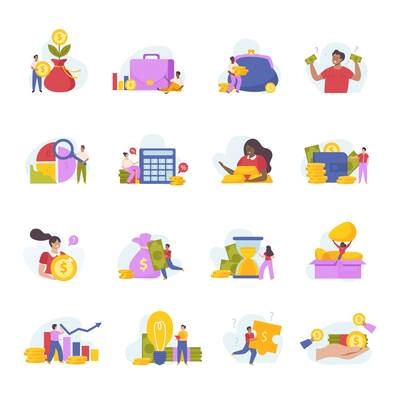 Financial diversification icons set with money symbols flat isolated vector illustration