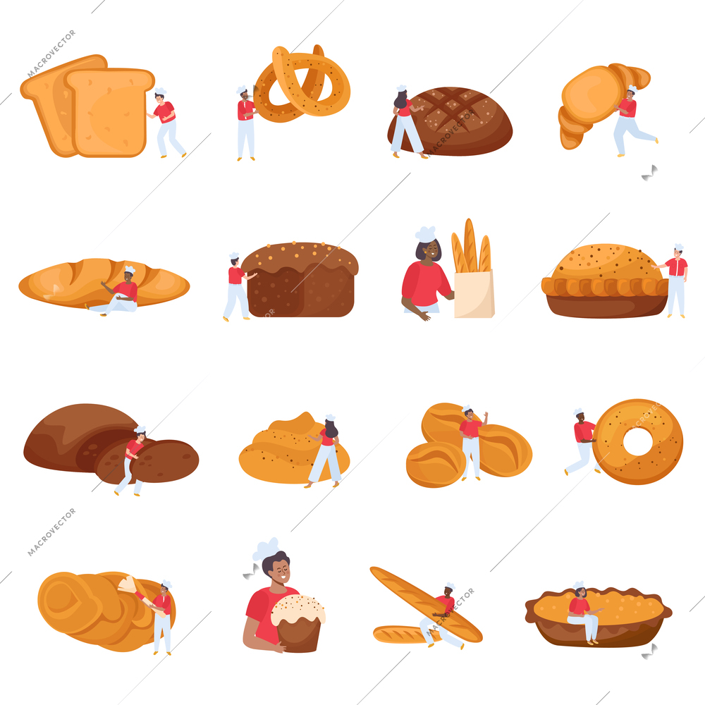 Baking bread icons set with pretzel and croissant symbols flat isolated vector illustration