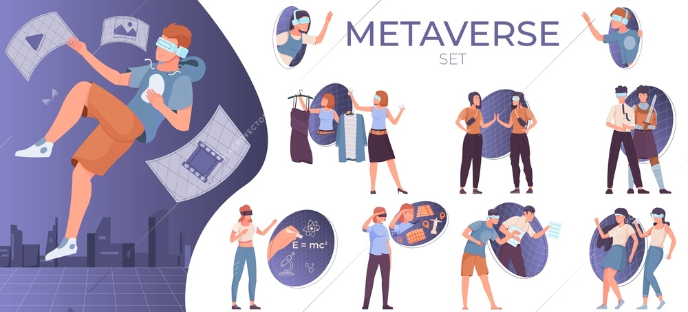 Flat metaverse composition set with vr glasses users in virtual world isolated vector illustration