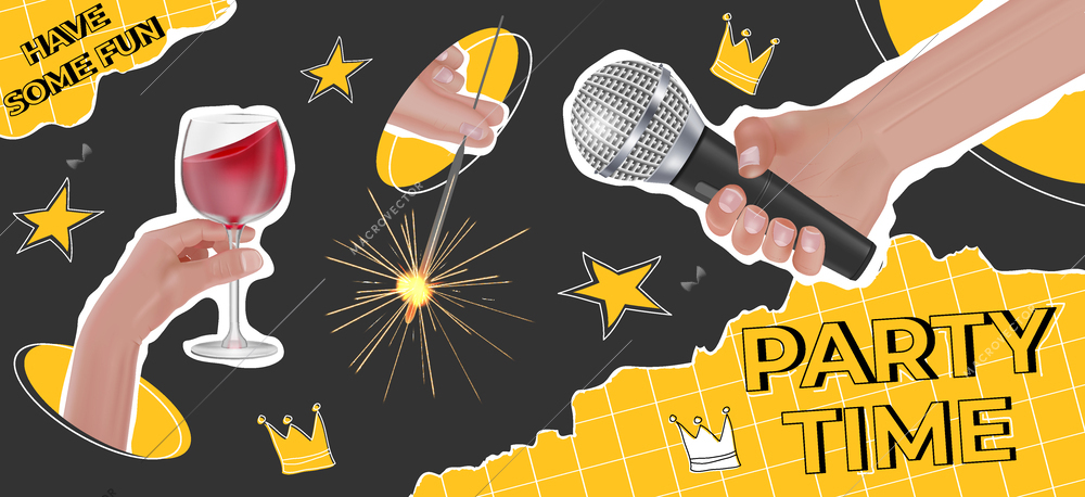 Party time realistic collage with human hands holding glass of red wine microphone bengal light in background with stars and crowns vector illustration