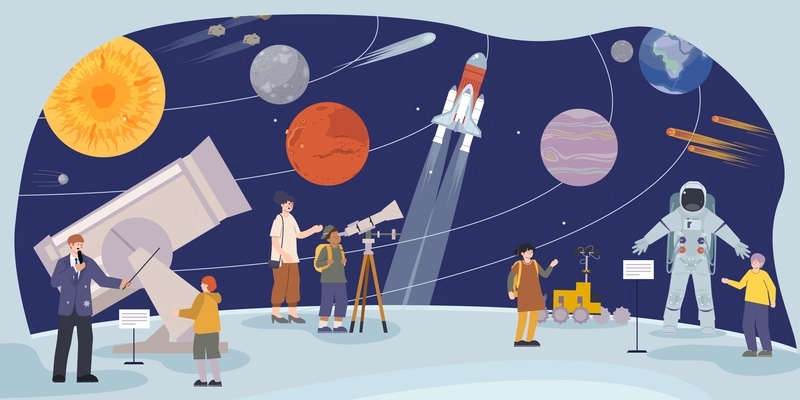 Planetarium flat composition with view of people on excursions looking in telescopes with planets on orbits vector illustration