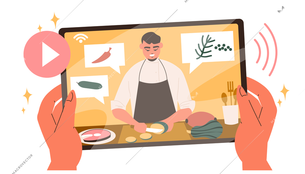 Culinary online classes flat composition with human hands holding tablet with male character on screen cooking dish vector illustration