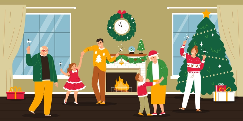 Christmas celebration at home with funny dancing elderly and little members of family holding sparklers flat vector illustration