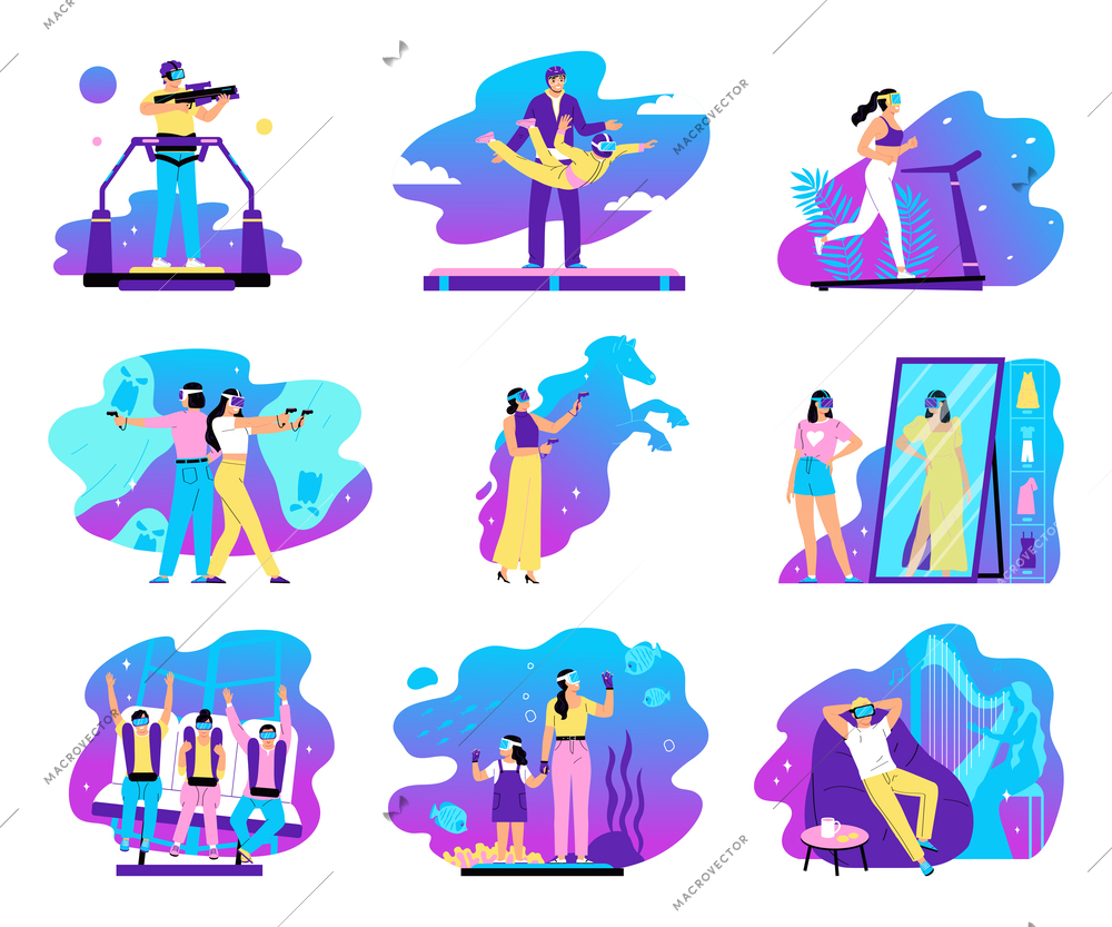 Virtual reality color set of people connected to virtual space by augmented reality glasses isolated vector illustration
