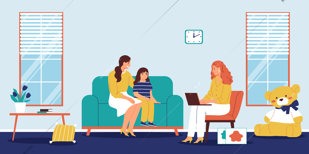 Childish psychology assist flat background with mother and her daughter at psychologist appointment vector illustration