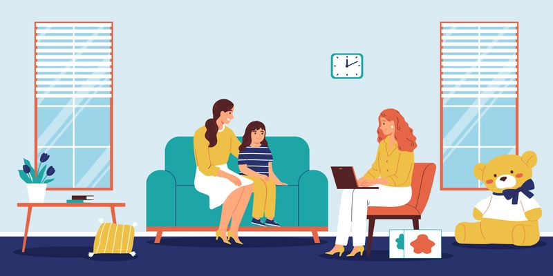 Childish psychology assist flat background with mother and her daughter at psychologist appointment vector illustration