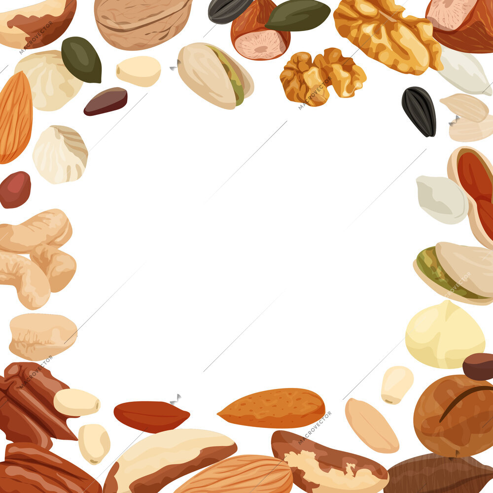 Nuts and seeds flat composition with empty space surrounded by images of beans of different color vector illustration