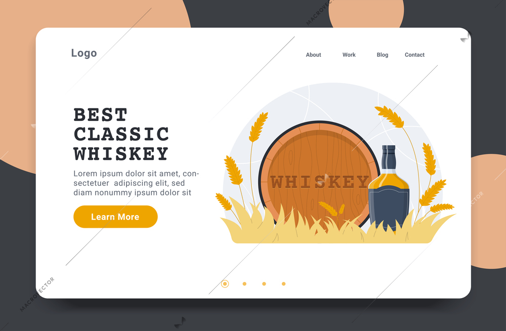 Whiskey production flat web site landing page with clickable links buttons images of barrel and bottle vector illustration