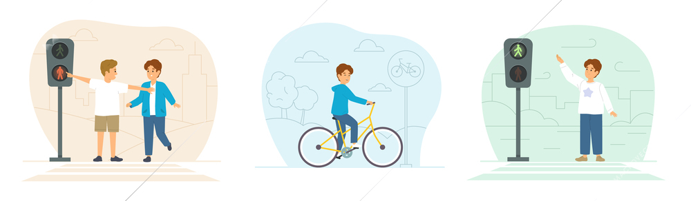 Children road rules set of isolated compositions with little kids characters on bicycle near traffic lights vector illustration