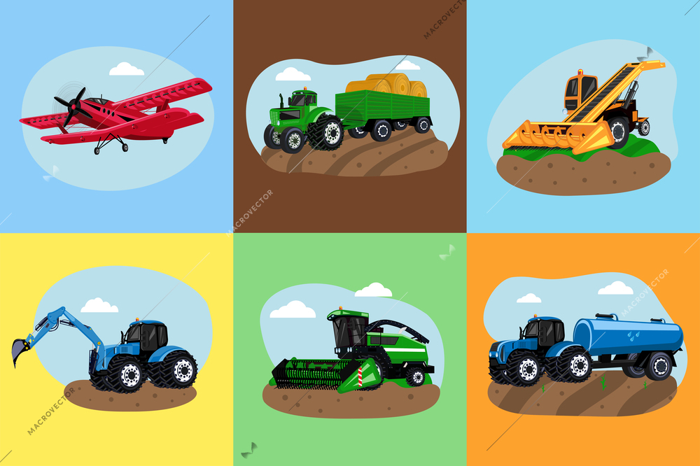 Agricultural transport flat set with harvester plougher excavator biplane on color background isolated vector illustration