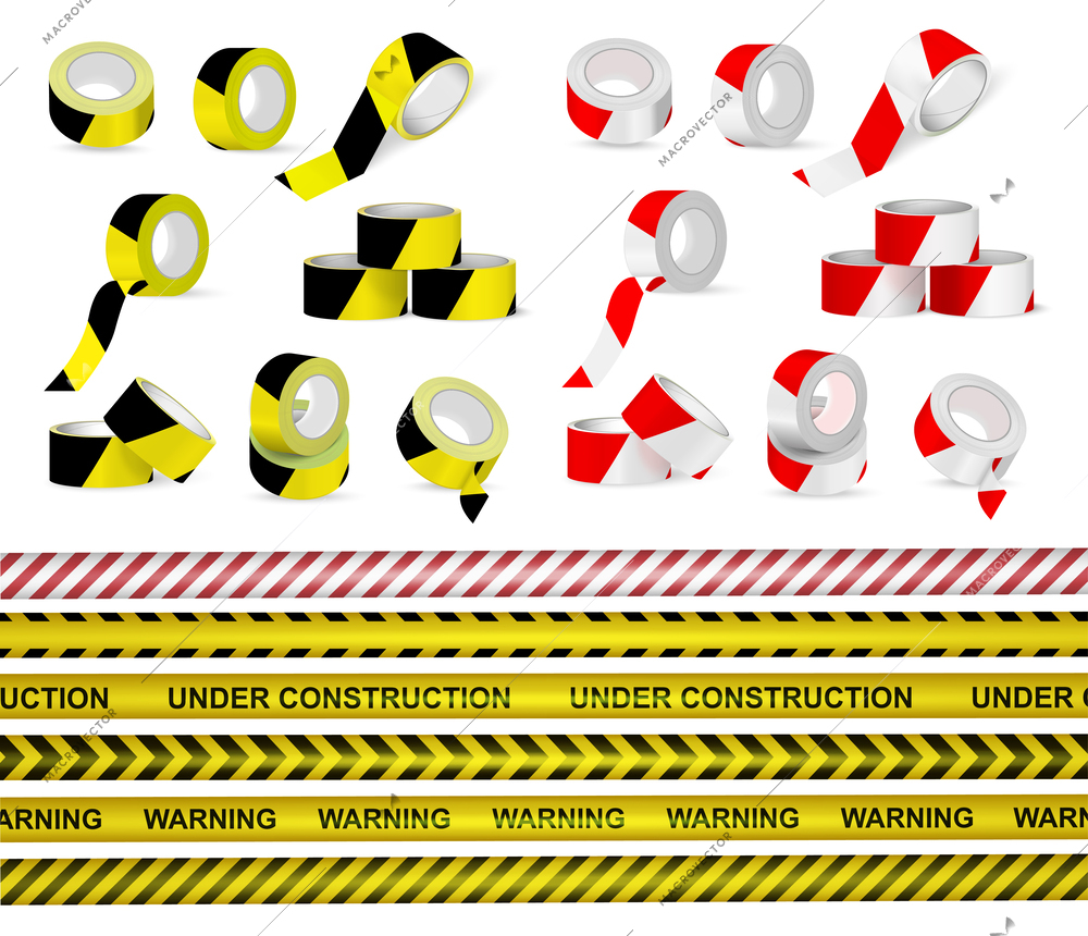 Signal tape realistic set of adhesive striped warning ribbons and rolls isolated vector illustration