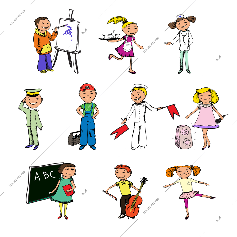 Children boys and girls professions colored sketch characters set isolated vector illustration