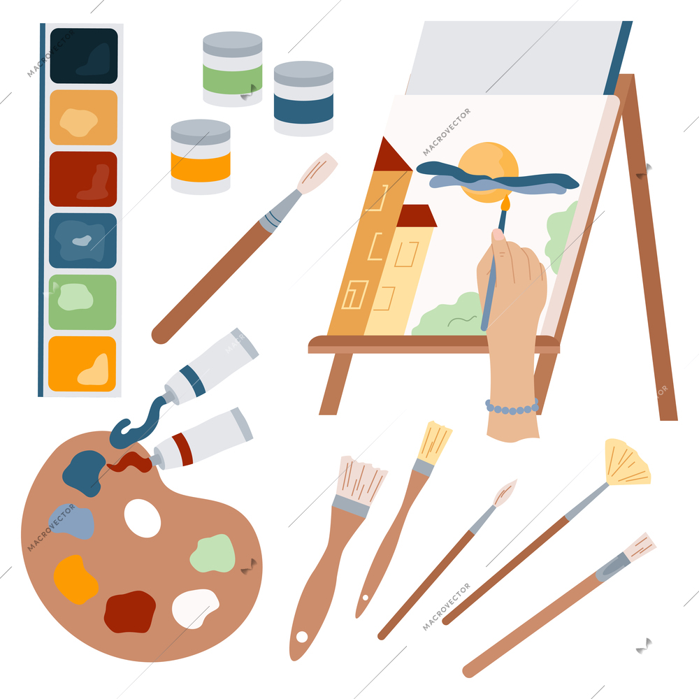 Hands craft flat composition with isolated icons of paint palette brushes of various thickness and easel vector illustration