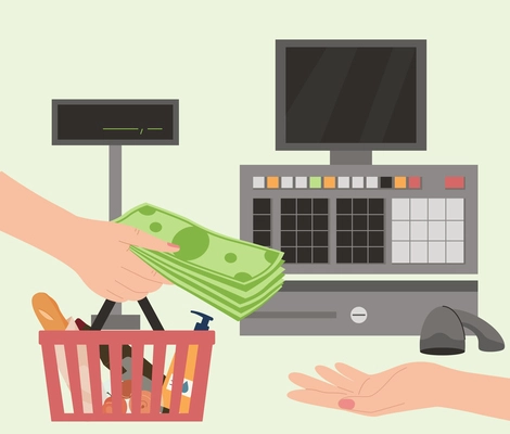 Hands with money flat composition with view of supermarket checkout appliances shopping basket and cash giving vector illustration