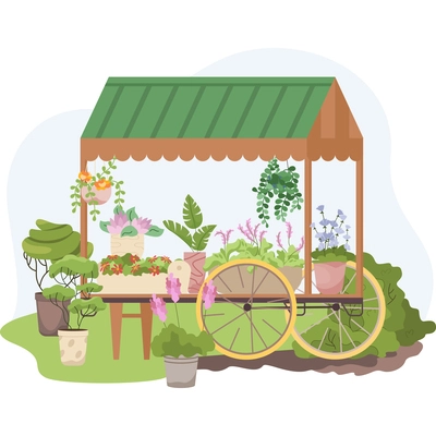 Home gardening flat composition with view of wheeled market stall selling exotic decorative flowers in pots vector illustration