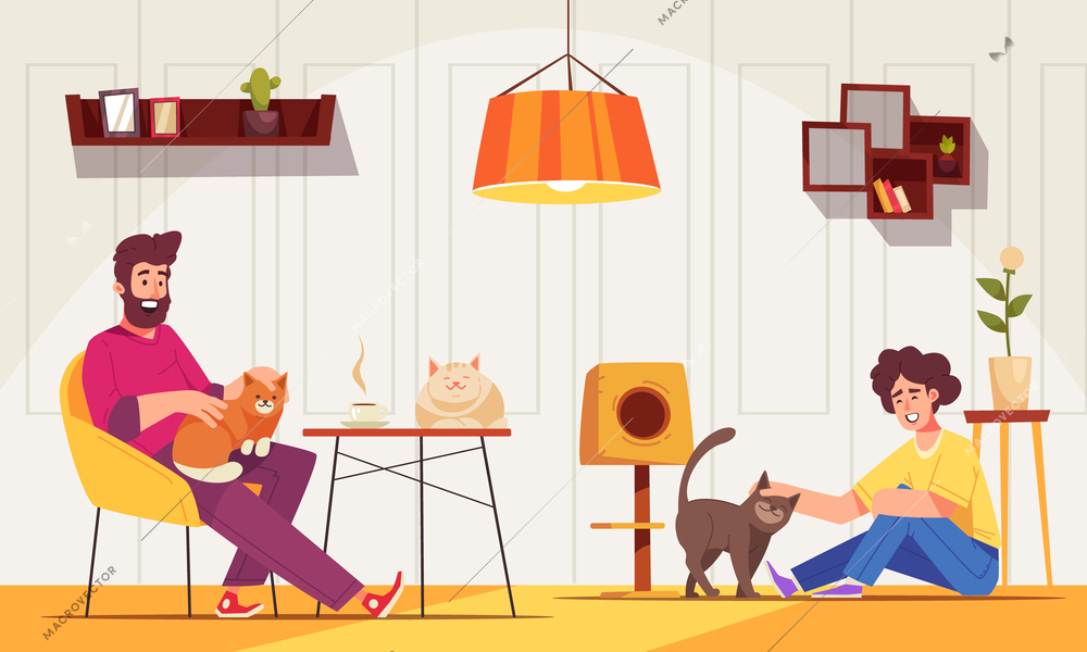 Cats cafe cartoon poster with people drinking coffee with pets vector illustration