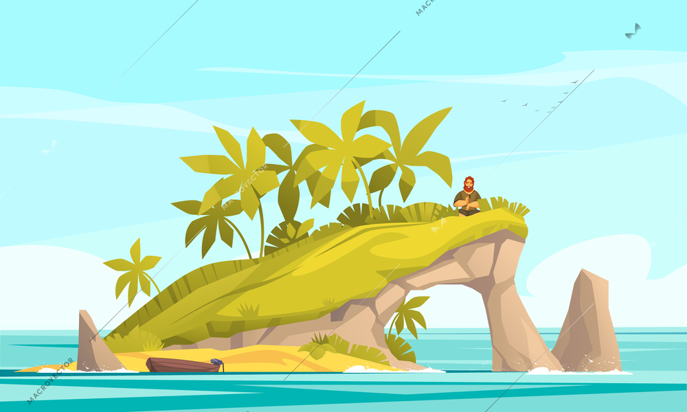 Tropical island cartoon with lonely man on forest stone vector illustration