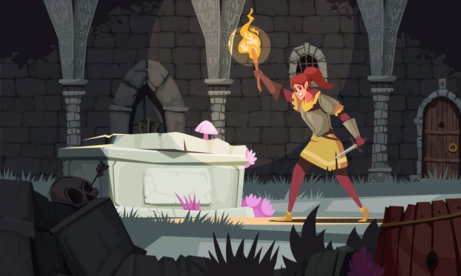 Dungeon cartoon concept with female warrior with torch in medieval castle vector illustration