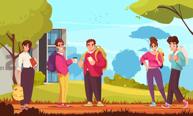 Students with backpacks cartoon poster in front of college vector illustration