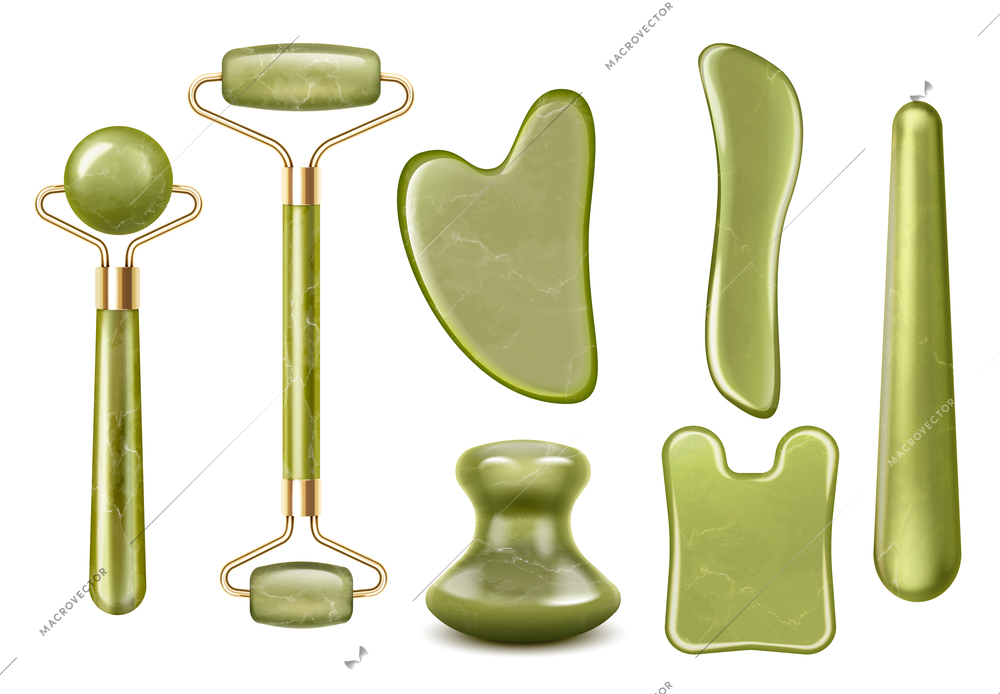 Gua sha massage tools realistic set of jade rollers and stones of different shape isolated vector illustration